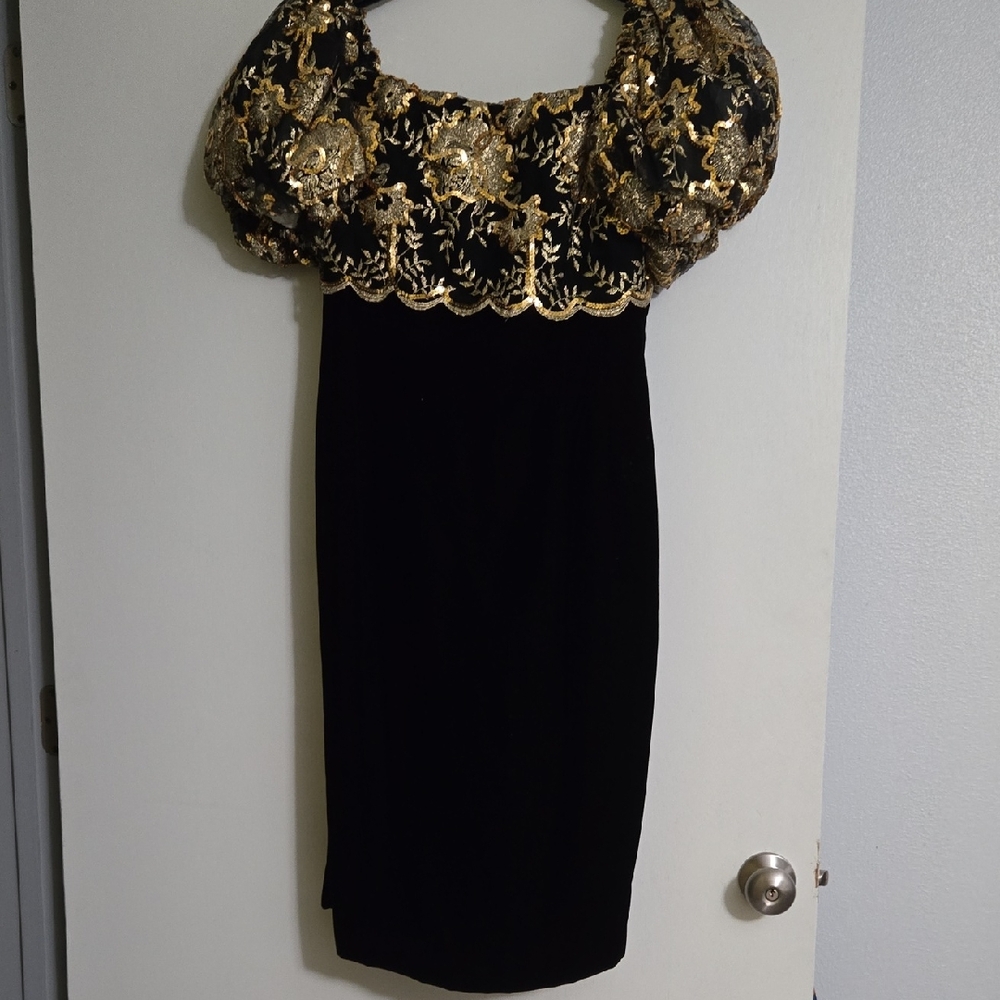 Nipon Boutique Black Velvet and Gold Puff Sleeve Sheath Dress